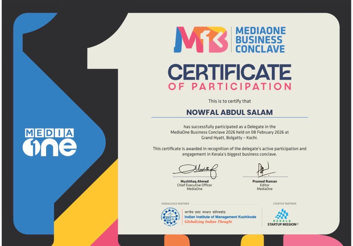 MediaOne Business Conclave 2026 — Delegate certificate issued by Certificate of Participation · MediaOne (IIM Kozhikode knowledge partner)