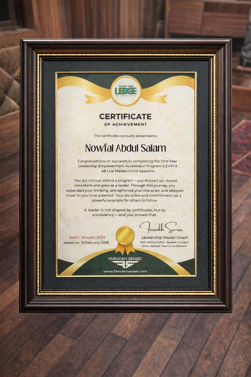 Leadership Empowerment Accelerator Program (LEAP) certificate issued by Ledge International · Farookh Sensei — Leadership Master Coach